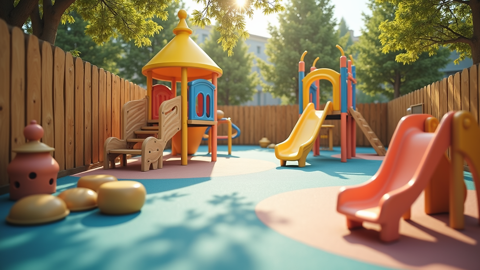 High angle view of a child-friendly daycare playground with soft surfaces