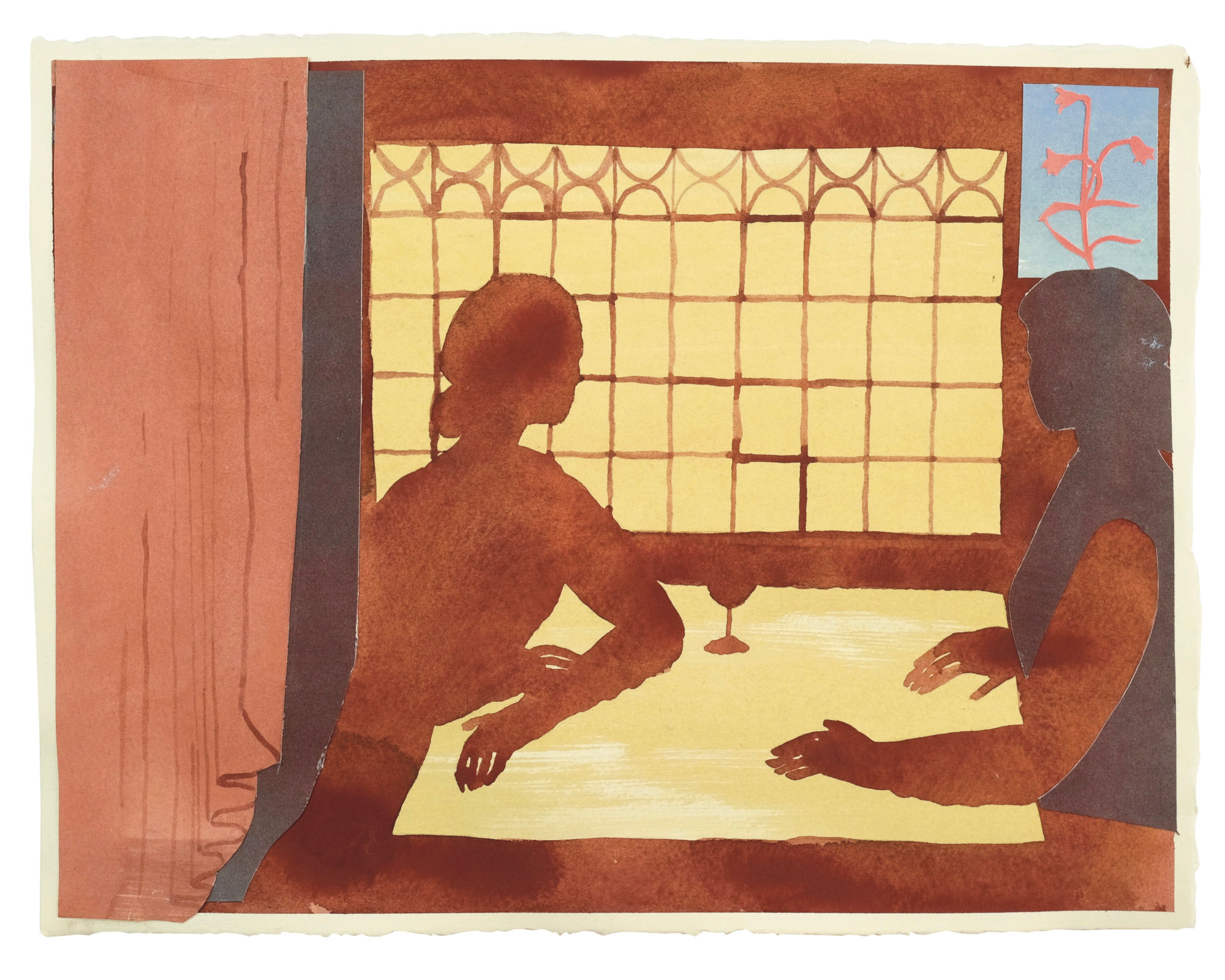 Further Conversation original watercolour collage artwork on paper by Bobbye Fermie. Depicts a female sitting at a table