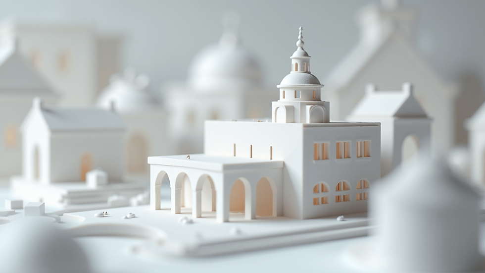 Eye-level view of a detailed architectural model made with 3D printing