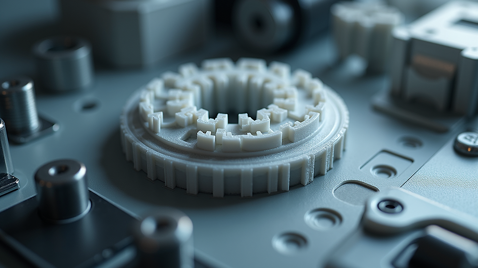 Eye-level view of a 3D printed mechanical part with intricate details