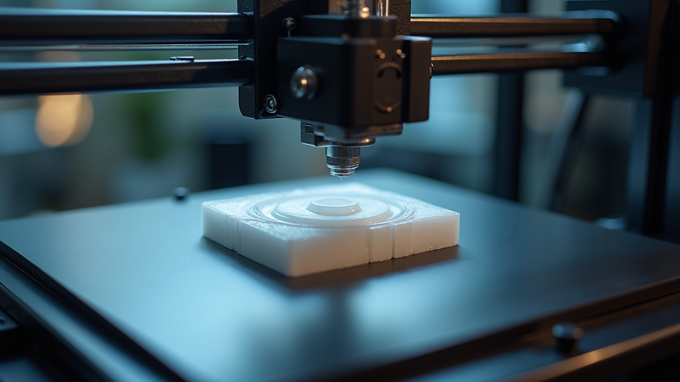 Eye-level view of a 3D printer producing a detailed prototype