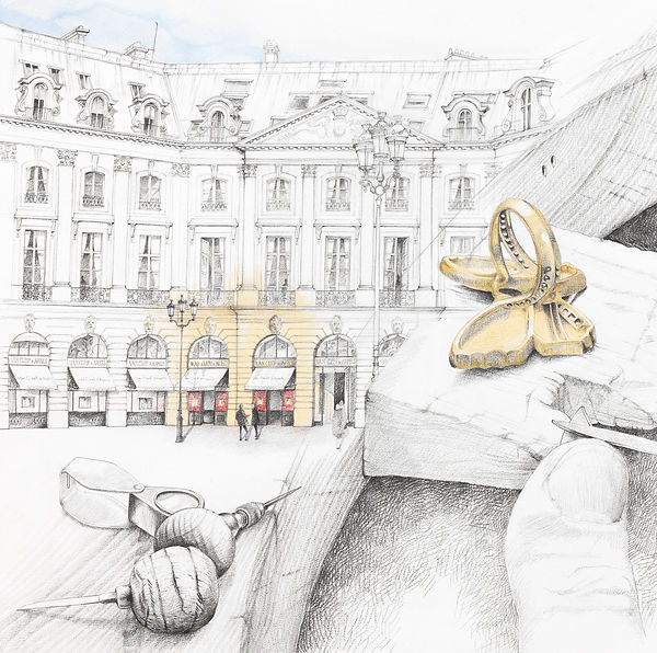 Dessin au crayon et aquarelle illustrant les métiers de la haute joaillerie de la maison Van Cleef & Arpels place Vendôme à Paris