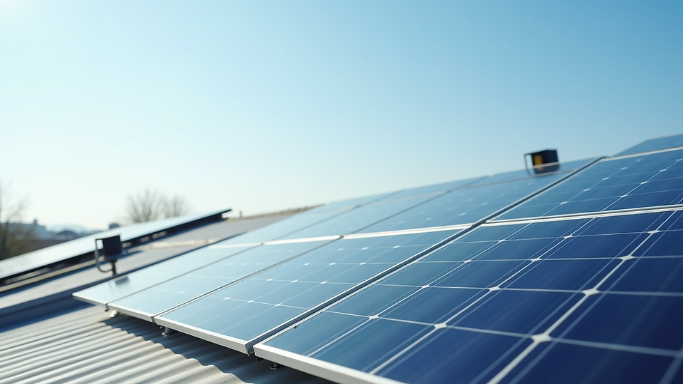Eye-level view of solar panels on a rooftop with clear sky