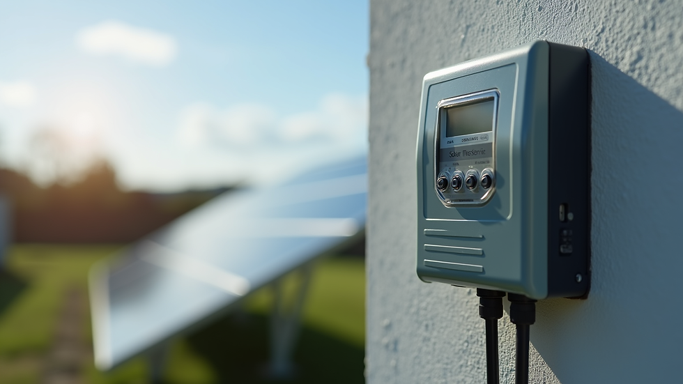 Close-up view of solar inverter and electrical meter connected to solar panels