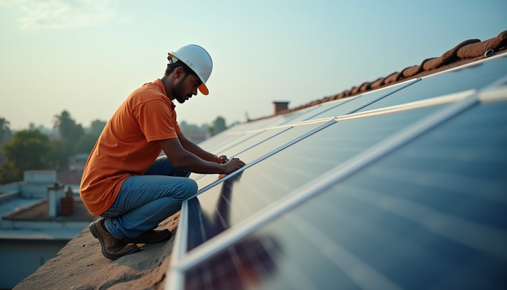 Close-up view of a technician installing solar panels on a rooftop in India