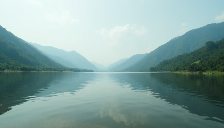 Eye-level view of Lake Kivu with calm waters and green hills in the background