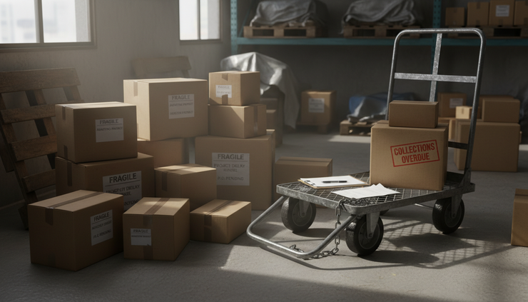 Wide-angle view of unopened supply boxes beside an idle delivery cart in a storage area.
