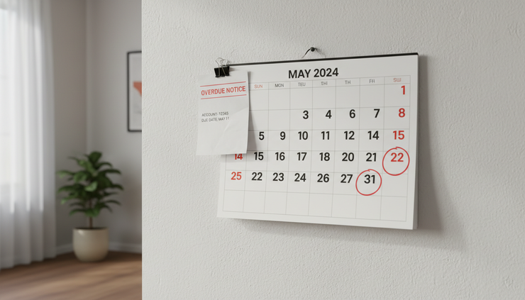 Eye-level view of a wall calendar with several payment due dates circled.