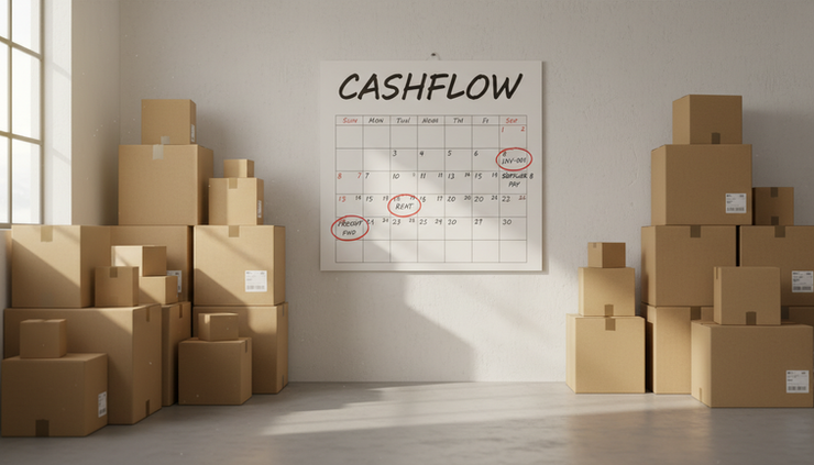 Eye-level view of a wall calendar with marked invoice due dates beside stacked shipping boxes.