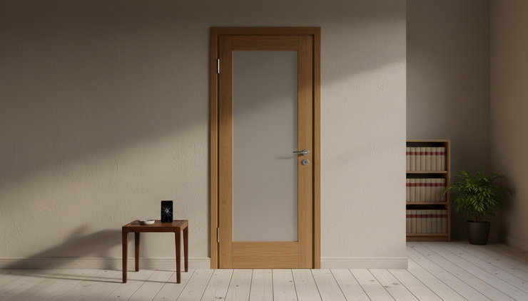 Wide-angle view of a closed workroom door with a phone resting on a side table nearby