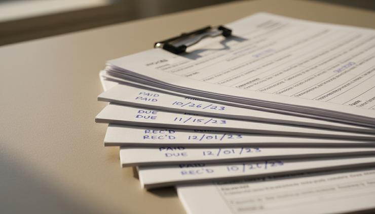 Close-up view of clipped invoices with payment dates marked in blue ink.