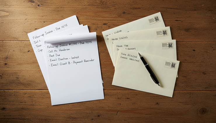 Overhead view of handwritten payment notes beside sealed envelopes.