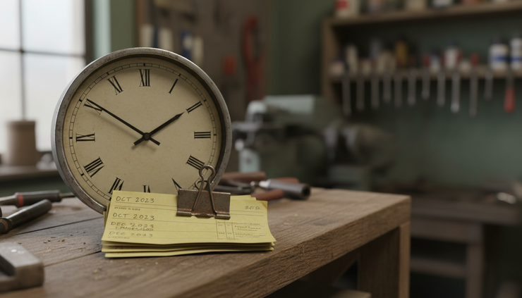 Close-up view of a wall clock above a small stack of dated invoices
