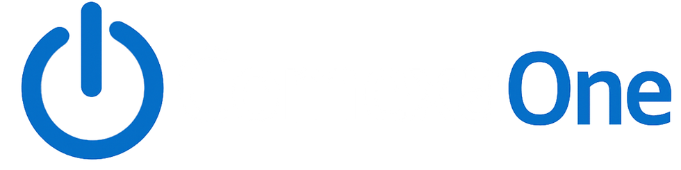 Logotipo azul de Comexaone con icono de encendido sobre fondo negro.