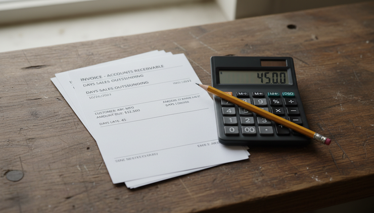 Close-up view of paper invoices and a calculator on a wooden workshop bench.