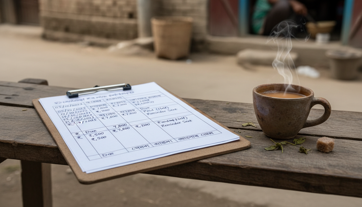 Eye-level view of a clipboard with handwritten payment notes beside a cup of tea
