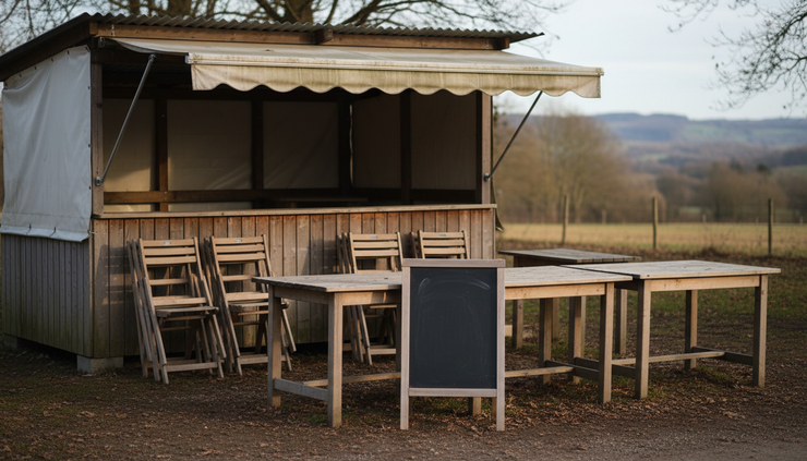 Eye-level view of empty outdoor tables at a small seasonal food stall