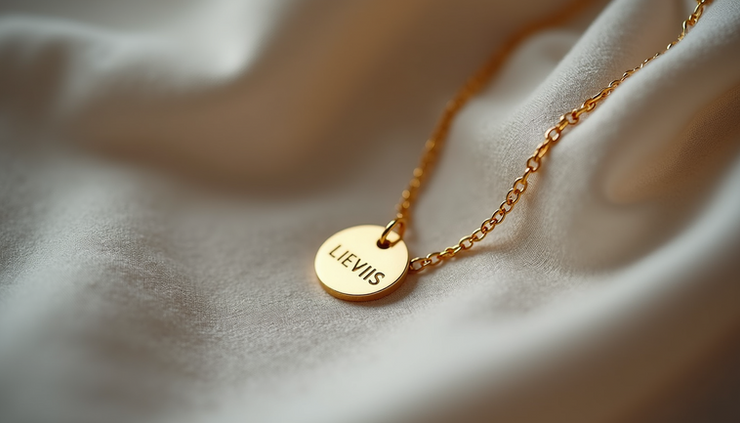 Eye-level view of a personalized gold necklace with engraved initials on a soft fabric background