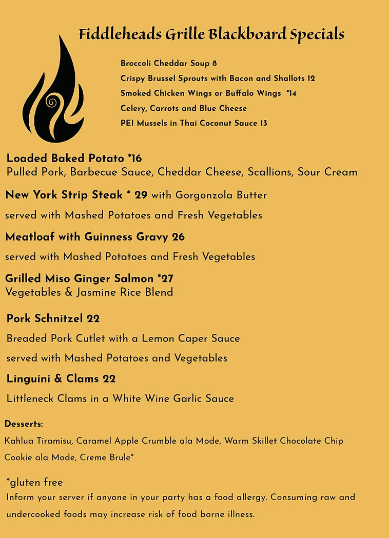 Dinner Menu Fiddleheads Grille