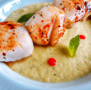 BROCHETTE DE SAINT-JACQUES, CREME DE COURGETTES ET MENTHE, JALAPEÑO