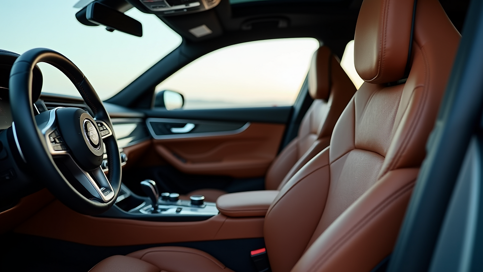 Eye-level view of a luxury car interior with leather seats