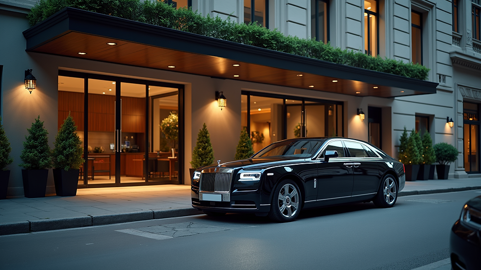 High angle view of a luxury car waiting outside a city hotel