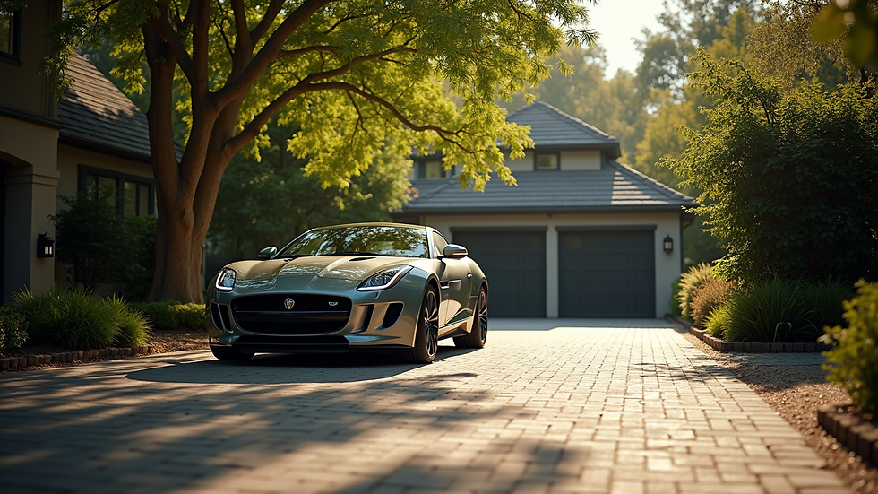 Eye-level view of a luxury car parked in a shaded driveway