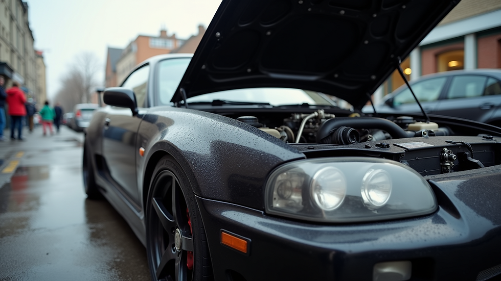 Eye-level view of a car with an open hood showing engine modifications