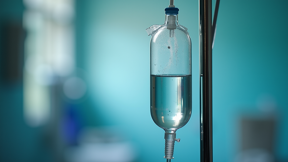 Close-up view of an IV bag with clear fluid