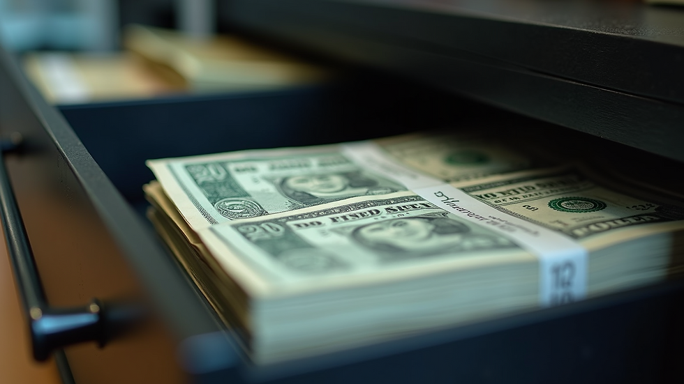 High angle view of a cash drawer with money