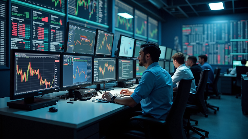 High angle view of a trading workstation with multiple screens showing market data