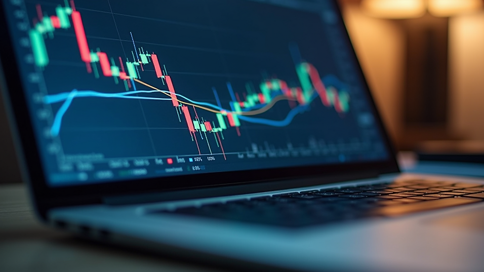 Close-up view of a laptop displaying financial graphs