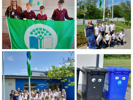Celebrations as we proudly receive our Green Flag for 'Global Citizenship Litter & Waste' and are joined by Tommy Marren from Mid West Radio to raise our flag here in Castlerock!