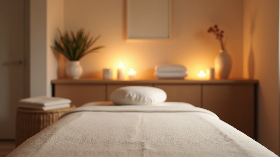 Eye-level view of a calm massage therapy room with soft lighting and a massage table