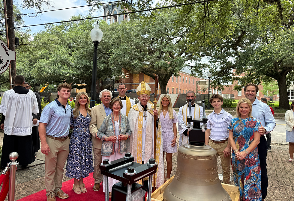 Bishop Deshotel and Cestia Family at the Blessing of the Bells on the Plaza in front of the new Our Lady of Wisdom Church