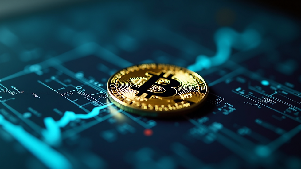 Eye-level view of Bitcoin symbol against a digital background