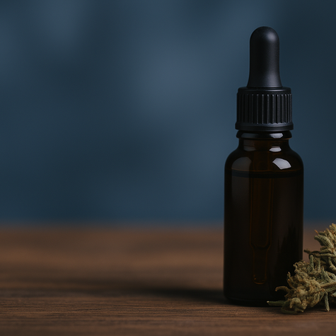 Flacon d’huile de CBD ambré posé sur une surface en bois, accompagné de fleurs de chanvre séchées, avec un arrière-plan flou bleu.