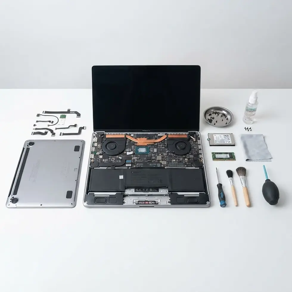 Studio photography of a disassembled laptop with its internal components and repair tools neatly arranged. The image suggests maintenance or technical work on electronics.