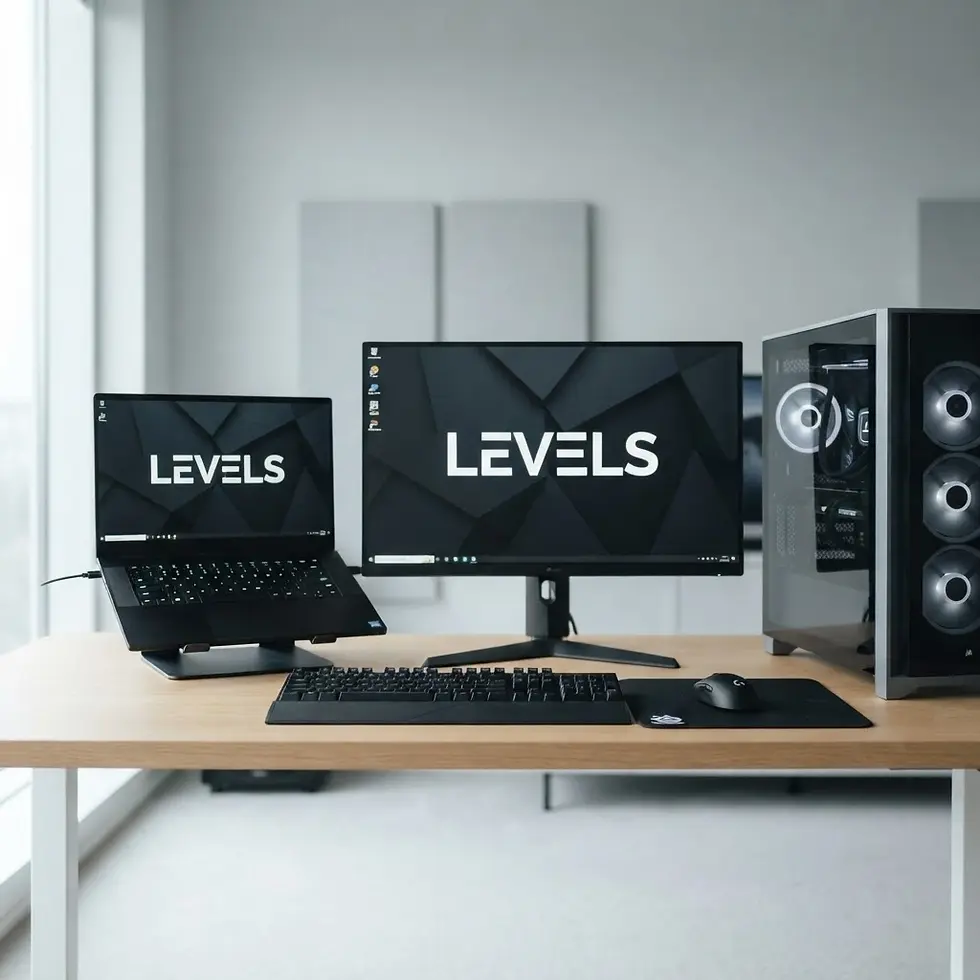 Packshot photography of a modern computer setup. A laptop, monitor, and PC tower are neatly arranged on a desk, with the "LEVELS" logo displayed on the screens.