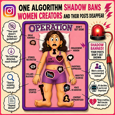 A satirical infographic comparing Instagram shadow banning to the Operation board game, illustrating how women creators experience reduced reach, hidden engagement, suppressed hashtags, and content deprioritization by social media algorithms.