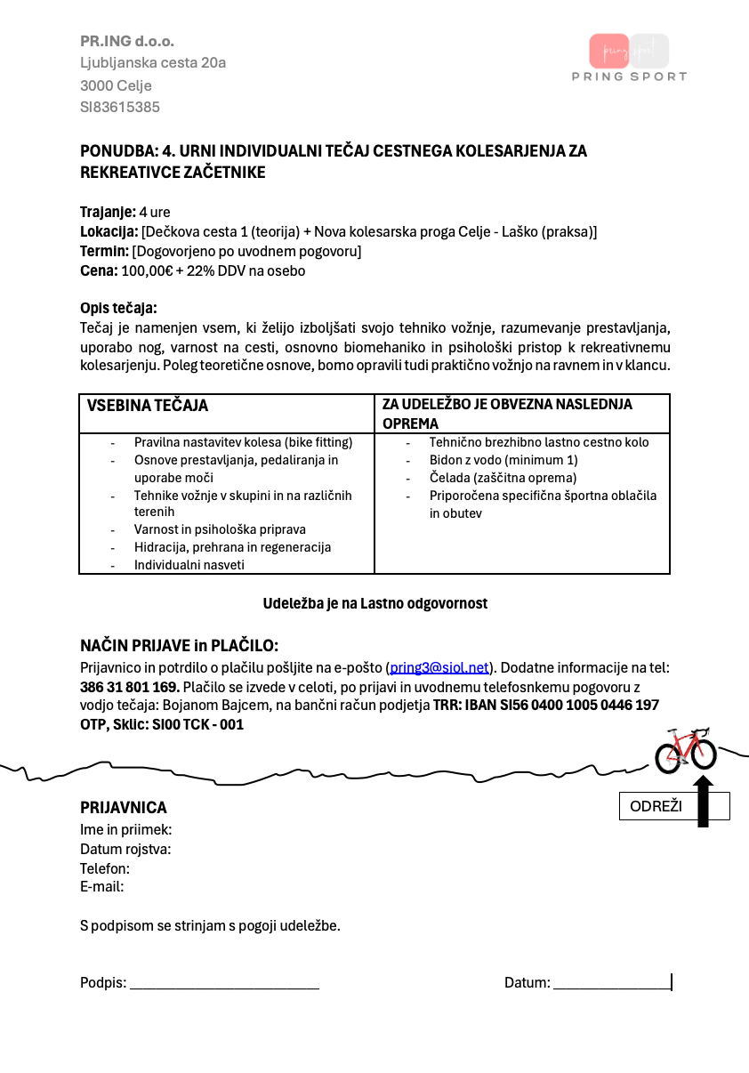 4. URNI INDIVIDUALNI TEČAJ CESTNEGA KOLESARJENJA ZA REKREATIVCE ZAČETNIKE