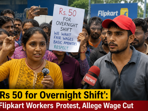 Protesting Flipkart warehouse workers gather outside a facility, with workers demanding fair wages, better amenities, and improved working conditions. (Image Source: X)