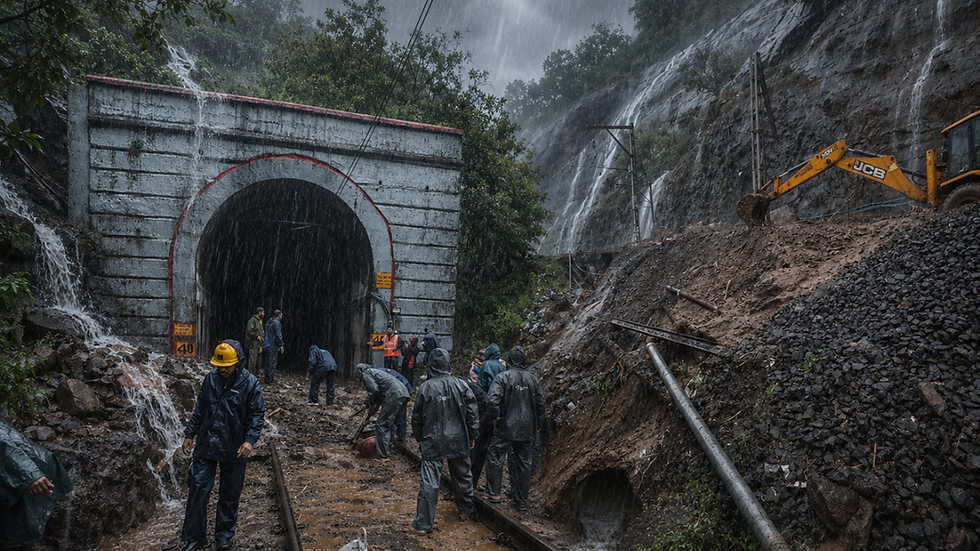 Workers clear landslide debris near Mumbai-Pune Expressway's Missing Link as relentless monsoon rains disrupt transport and restoration efforts continue.