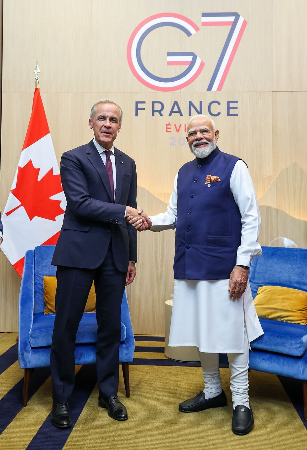 Prime Minister Narendra Modi meets Canadian Prime Minister Mark Carney on the sidelines of the G7 Summit in Evian-les-Bains, France, on Tuesday.