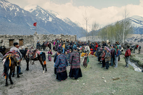 Villagers gather for their annual horse festival in Kharta in the Bum Chu (Arun river) valley. Tibet, 1996.