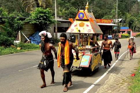 Pilgrims from Andhra Pradesh walk over 1000 kilometers to their revered temple in Kerala. India, 2024.