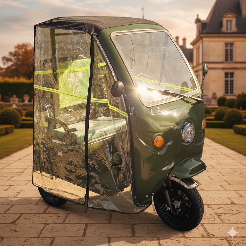 Détail des portes zippés du triporteur électrique Héritage, mécanisme robuste et pratique pour le transport professionnel.