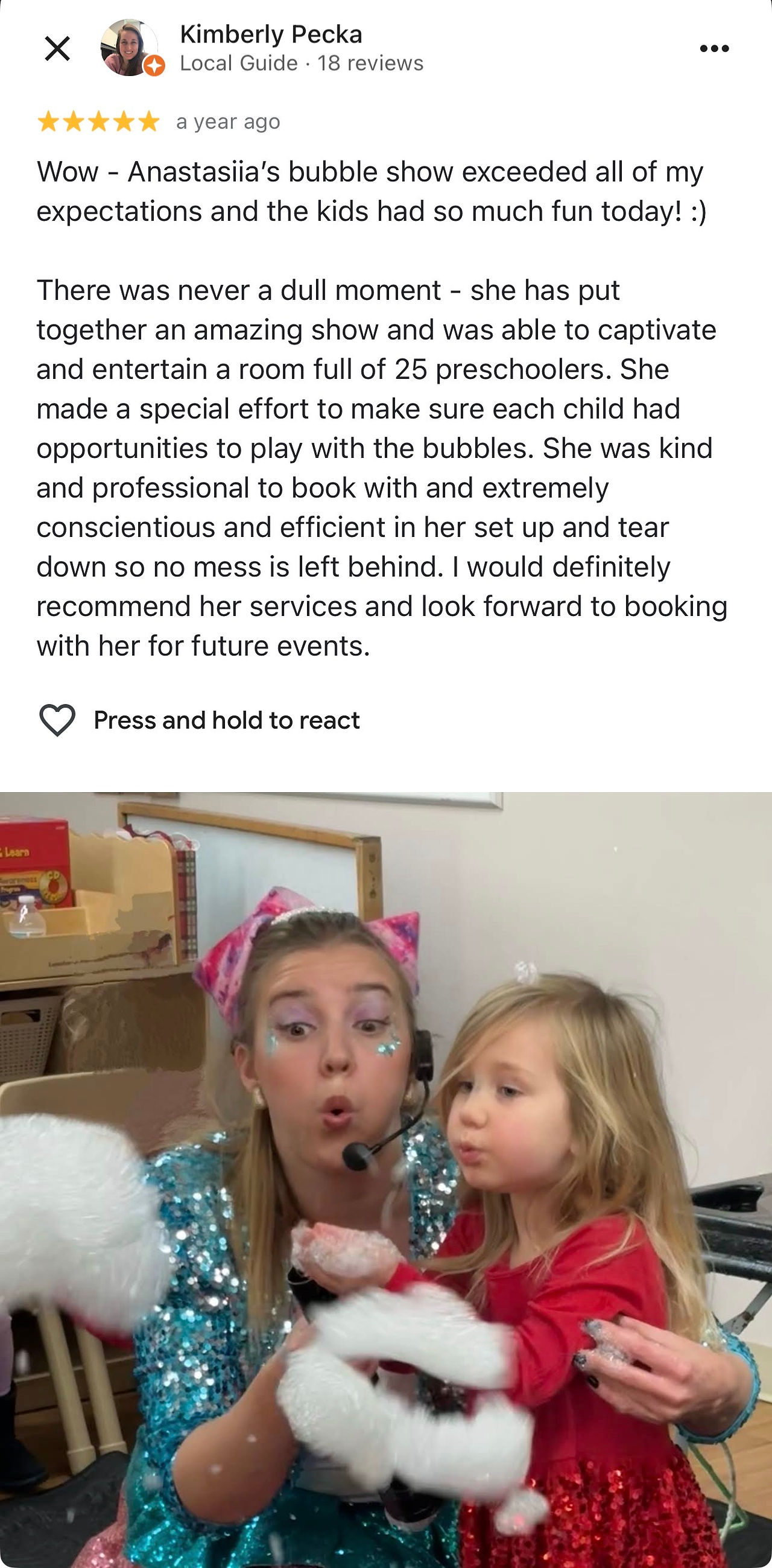 5 Star Review Kids Entertainment Chicago. 