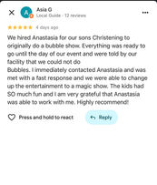 Positive parent review for children’s entertainment services in Chicago