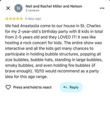 Five star customer review for kids entertainment in Naperville Illinois